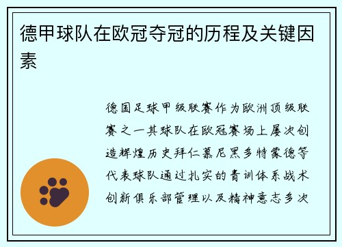 德甲球队在欧冠夺冠的历程及关键因素